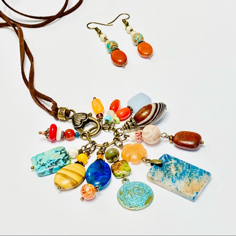 BOHO JOURNEY Chrysocolla Coral Jasper Onyx Stone Assemblage Necklace & Earrings